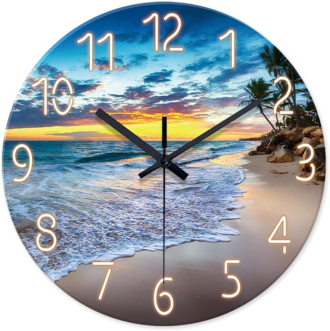 Glass Beach Wall Clock Battery Operated 20 Inch | Large Palm Tree Wall Clock for Living Room Bedroom Office Coastal Clocks for Walls Slien Wall Clock Non Ticking