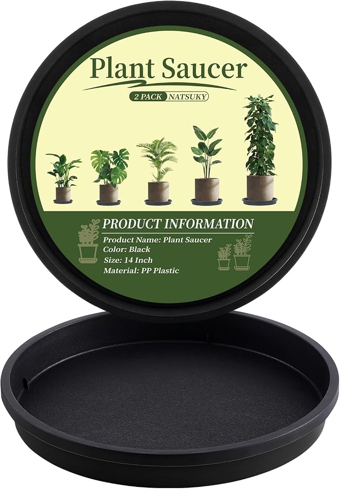 NATSUKY Plant Saucer 14 Inch 2 Pack, 8 10 12 14 Inch Plant Trays Round for Indoors Heavy Duty Plastic Flower Plants Saucers for Pots Outdoors No Holes Drip
