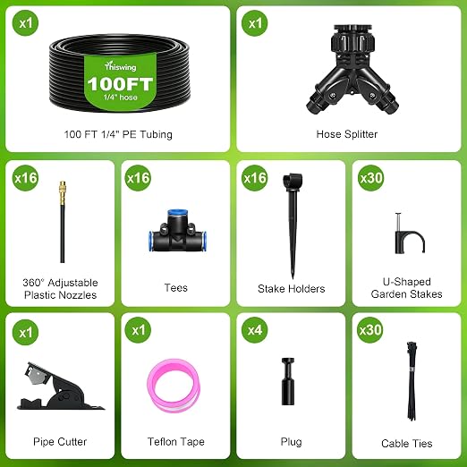 Thiswing 100 FT 360° Adjustable Irrigation System for Garden with Stake Holders – 1/4" Tubing, 16 Nozzles, Automatic Watering Misting System, Sprinkler for Garden, Raised Bed, Lawn, Plants