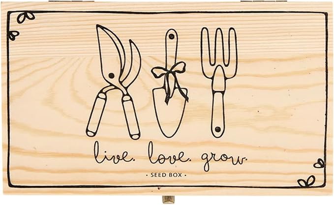 Santa Barbara Design Studio Seed Storage Box with 4 Dividers Wooden Storage Organizer, 7.75" x 4.5" x 5.5", Live Love Grow