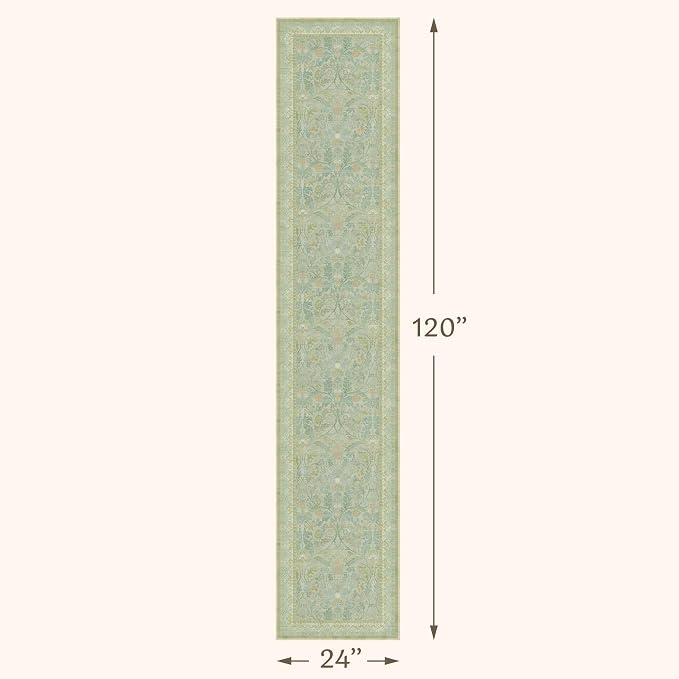 Cottagecore 2x10 Long Runner Rugs for Kitchen Hallway, Low Pile & Soft Forest Green Rug for Entry Door Mat, Floral Pattern Carpet with Non Slip Stain Resistant