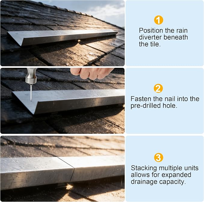 4FT Roof Rain Diverter, Galvanized Steel Roofing Rainwater Diverter for House Shingle, Gutter Guards with Nails to Protect Roof, 4 Packs