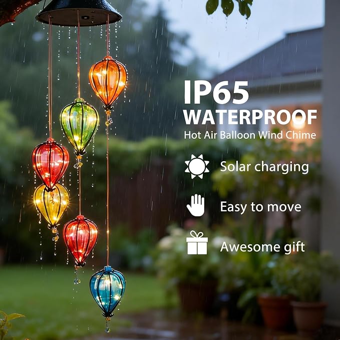 Solar Wind Chimes for Outside, Hot Air Balloon Solar Lights Outdoor Colorful Hanging Decor with 30 Warm White LEDs, Auto On/Off Light Sensing Waterproof Garden Gifts for Mom Grandma Women