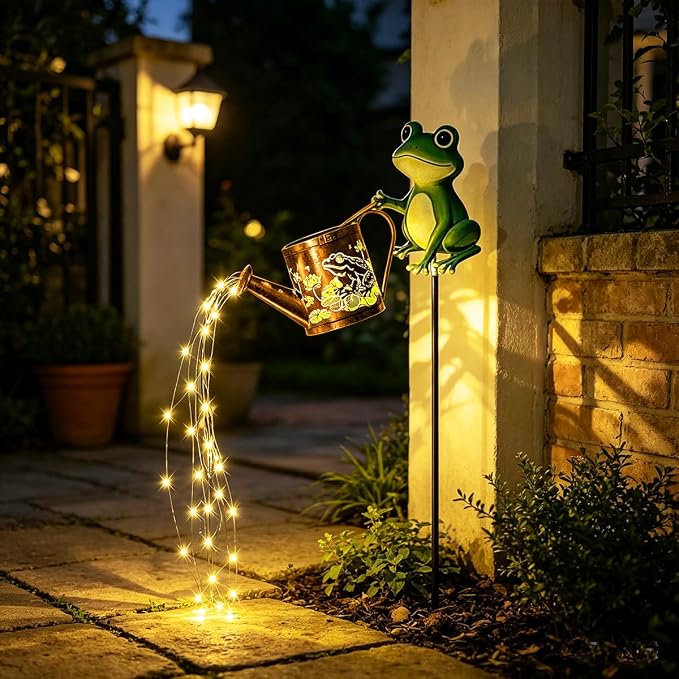 Solar Frog Garden Watering Can with Light, Outdoor Frog Ornament—A Gardening Gift for Women, Decor for Outdoor Patios, Yards, and Lawn Paths
