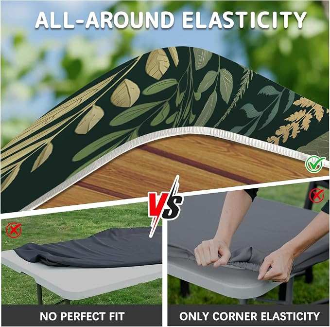 Picnic Table Cover with Bench Covers Elastic Edges, 3 Pcs Leaf View Fitted Table Cover with Drawstring Bag, Waterproof Windproof Aesthetic Camping Tablecloth, Outdoor Camping Essentials 72 Inch