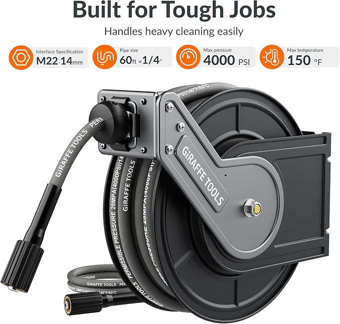 Giraffe Tools Pressure Washer Hose Reel 60ft, 1/4" Power Washer Hose Reel, Automatic Rewind, Wall Mounted, 4000 PSI