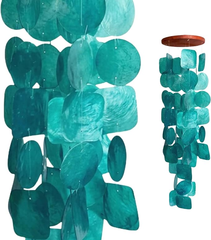 Bellaa Handmade Wind Chimes Outdoor, Musical, Garden Decorations, Beach, Ocean, Breeze, Gifts for Mom, Outside Windchimes, 63pcs, Capiz, Shells, Sea, Glass, Wood, Turquoise, 20744