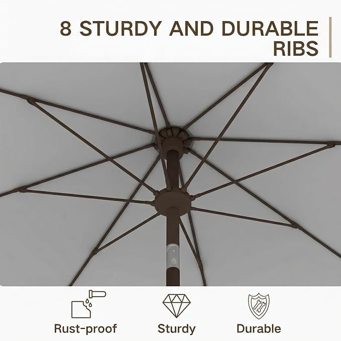 Kingdura 9FT Outdoor Patio Umbrella, Round Market Table Umbrella with Push‑Button Tilt and Crank Lift, 8 Sturdy Metal Ribs, UV50+ Protection Canopy for Backyard, Lawn, Deck, Poolside, Garden (Light grey)