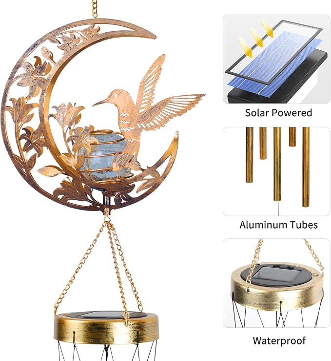 Hummningbird Solar Outdoor Wind Chimes - Unique Moon Hummingbird Design, for Mothers, Grandmothers, Sisters, Friends and Girls on Birthdays, Christmas, Thanksgiving and Mother's Day