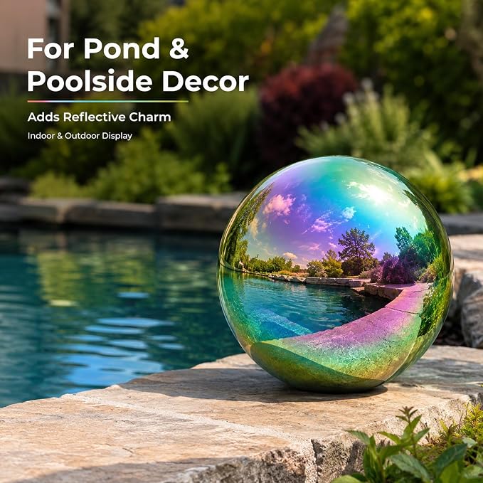 Gazing Ball Garden Mirror Outdoor - 12inch Outside Decorative Globe Rainbow | Metal Polished Reflective Sphere, Stainless Steel Hollow Decoration Ornament for Home Pond Swimming Pool Housewarming Gift