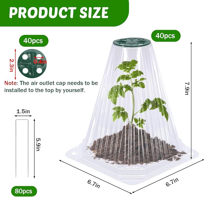 VICAMB 40 Pack Garden Cloches for Plants with 80PCS Ground Stakes,Clear Reusable Bell Covers with Rotatable Vent for Plant Protection,Garden Protector from Animals Birds Chicken,7.9" H X 6.7" D