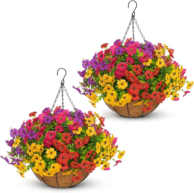 2 Set Artificial Outdoor Flowers with Hanging Basket for Garden Porch Patio Balcony Yard Home Decoration
