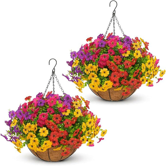 2 Set Artificial Outdoor Flowers with Hanging Basket for Garden Porch Patio Balcony Yard Home Decoration