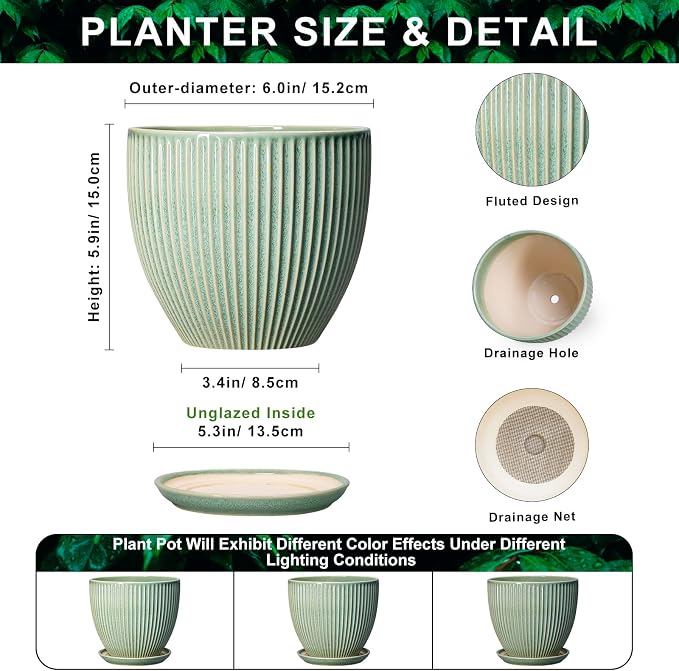 Ceramic Plant Pots, 6 Inch Ceramic Pots for Herb Snake Plants, Indoor Small Flower Pot with Drainage Hole and Saucer, Modern Round Planter, Room Office House Decor, Gardening Gifts, Green