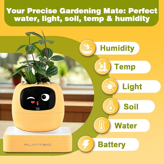 Smart Plant Pot with Visual Display – Soil Moisture, Water Level, Light & Battery Monitor, 80ml Self-Watering Reservoir, Supports 100+ Plants, Pomodoro Timer, Clock & Calendar-Pink-Yellow