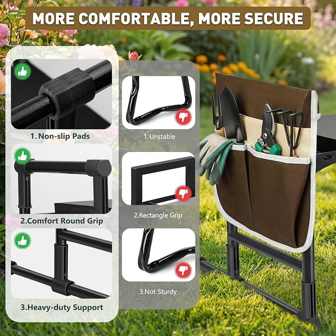 Garden Kneeler and Seat for Seniors – Heavy Duty Anti-Tip Gardening Stool with Widened Thick Soft Kneeling Pad, Foldable Garden Bench with Sturdy Handles, Gardening Gifts for Women Men Mom (Brown)