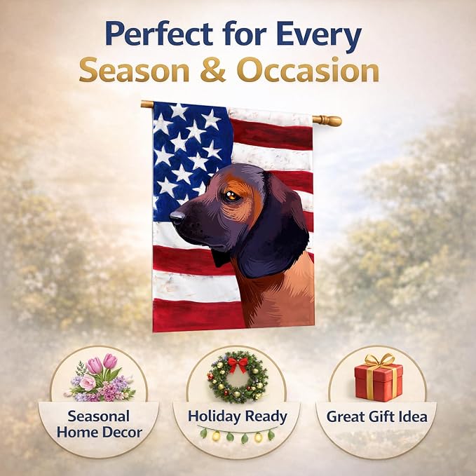 Caroline's Treasures CK6420CHF Bavarian Mountain Hound American Flag House Flag Large Porch Sleeve Pole Decorative Outside Yard Banner Artwork Wall Hanging, Polyester, House Size, Multicolor