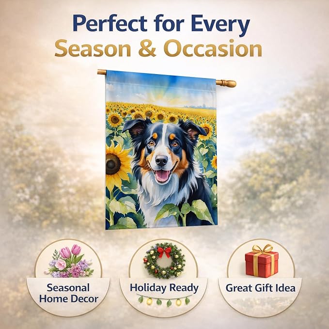 Caroline's Treasures DAC6032CHF Border Collie in Sunflowers House Flag Large Porch Sleeve Pole Decorative Outside Yard Banner Artwork Wall Hanging, Polyester, House Size, Multicolor