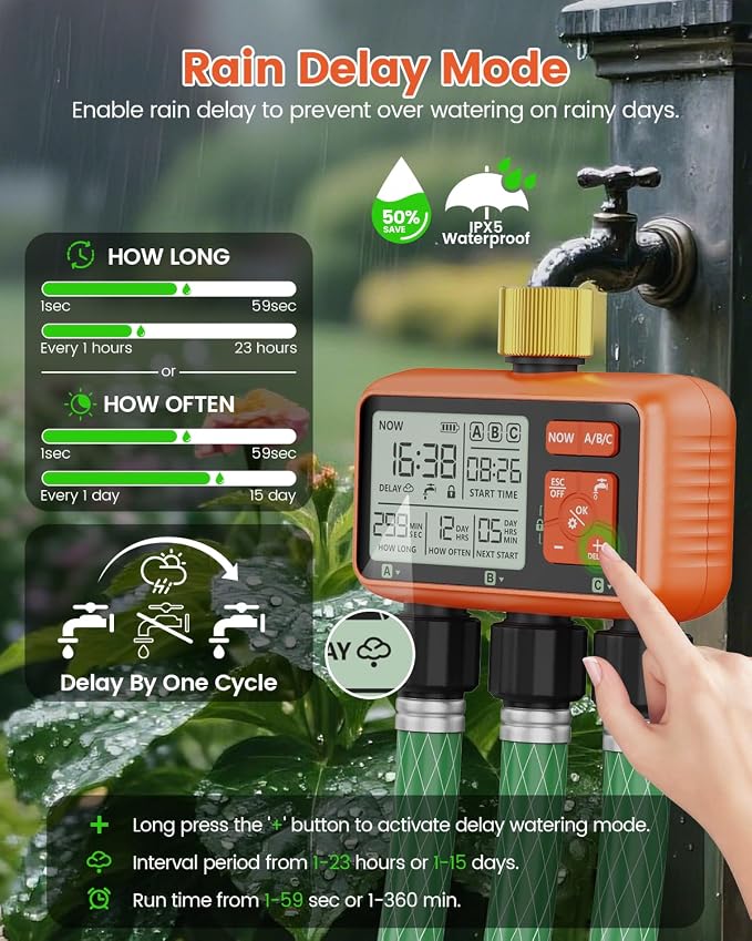 Sprinkler Timer 3 Zone with Brass Inlet Water Timer for Garden Hose Programmable Hose Faucet Controller with Independent Zone Control Custom Rain Delay Manual&Auto Watering Child Lock for Yard Lawn