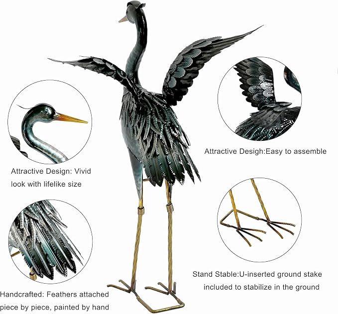chisheen Crane Garden Statue Metal Heron Outdoor Decor Yard Art Bird Gift | Handcrafted Quality Iron and Handpainted Waterproof Finish