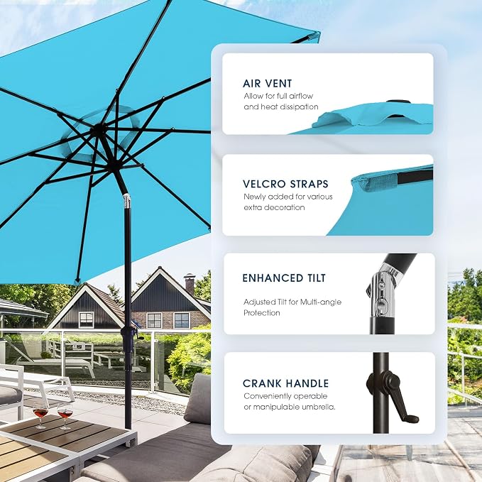 wikiwiki 10FT Patio Umbrella with Base, Outdoor Umbrellas with Base Included, 8 Sturdy Ribs, Waterproof Fade Resistant POLYESTER DTY Canopy for Deck, Lawn, Garden, Backyard & Pool, Sky Blue