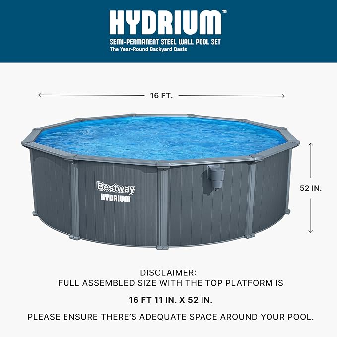 Bestway Hydrium 16' x 52" Above Ground Pool, Round Steel Side Wall Frame Outdoor Swimming Pool Set with Sand Filter Pump, Polysphere Filtration Balls, Ladder & Accessories