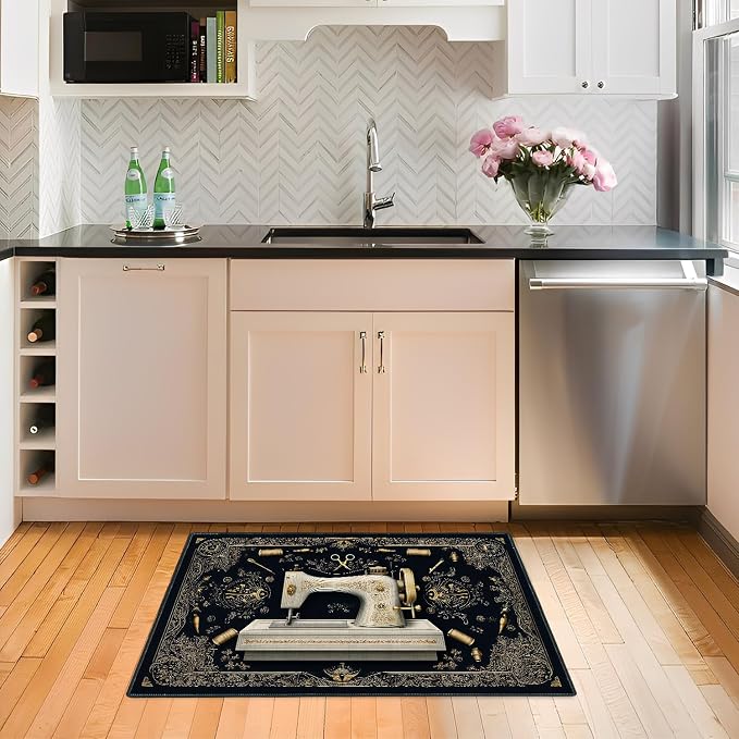 Vintage Sewing Machine Ornate 2x3 Entry Rug,Washable Small Rugs for Entryway Kitchen Bathroom Door Mat Indoor Entrance,Non Slip Rubber Backing,Stain & Fade Resistant,Craft Lover Decor