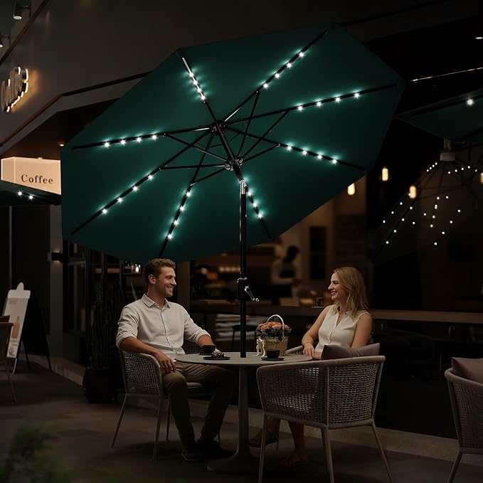 Patio Umbrella with Solar Lights, Outdoor Table Umbrella with 8 Durable Ribs, Tilt & Crank Mechanism, Water & UV Protection Sun Shade Umbrella for Garden, Poolside, Backyard (Turquoise, 10 FT)