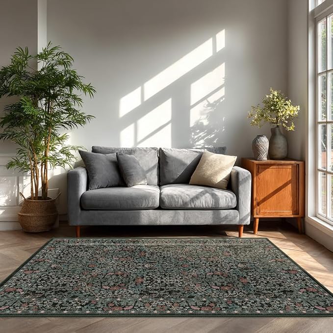 5x7 Washable Area Rugs for Living Room, Stain Resistant Vintage Rugs for Dining Room Under Kitchen Table, Bedroom, Floral Low Pile Non-Slip Large Carpet (5 x 7 Dark Green)