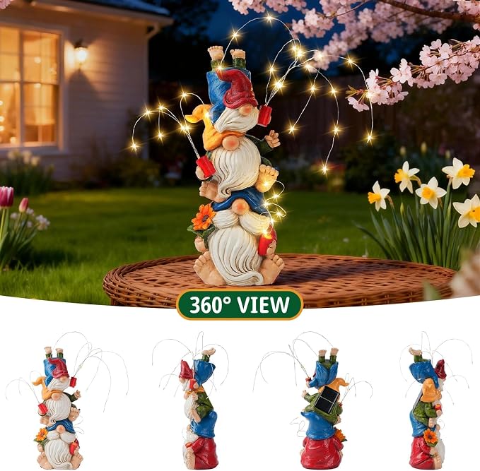 Gnomes Decorations for Yard, Triple Stacked with DIY Firework Lights, Solar Garden Gnome Outdoor Decor Statue for Patio Lawn, Mothers Day Birthday Gift for Mom Grandma (11.5in)