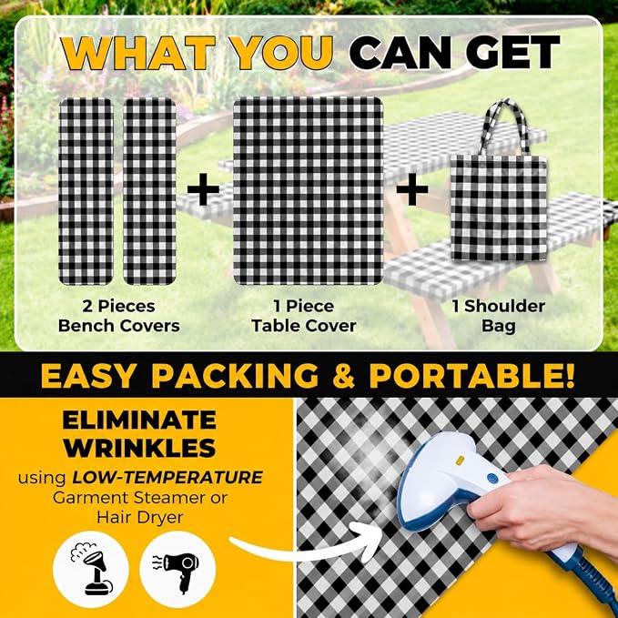 RNOONY Vinyl Fitted Picnic Table Cover with Bench Covers and Bag, 6ft Outdoor Waterproof Windproof Tablecloth with Elastic Edges. Camping RV Gear Campers Must Have 72x30 Inches 4 Pcs Set (Black)