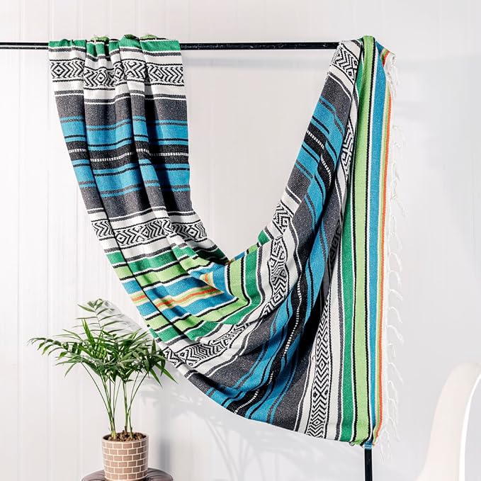 Airooglee 69" L x 51" W Large Mexican Blanket - Perfect as Yoga Blanket, Outdoor Blanket, Beach Blanket, Serape Blanket, Picnic Blanket, Camping Blanket, Woven Blanket, Boho Home Décor - Blue-Green