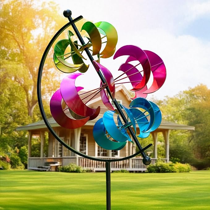 Large Metal Wind Spinner for Garden and Yard – 63 Inch Kinetic Outdoor Sculpture with Dual Direction 360° Spinning Blades – Weather Resistant Moons Yard Art Decor for Patio, Lawn, and Porch