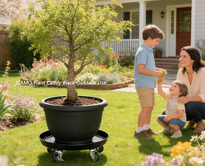 SIAMO 20" Heavy Duty Plant Caddy (570lbs Capacity)-Lockable Non-Scratch Swivel Casters Rolling Plant Stand Saucer for Large Ceramic Planters & Heavy Trees Indoor & Outdoor,Black,1-Pack