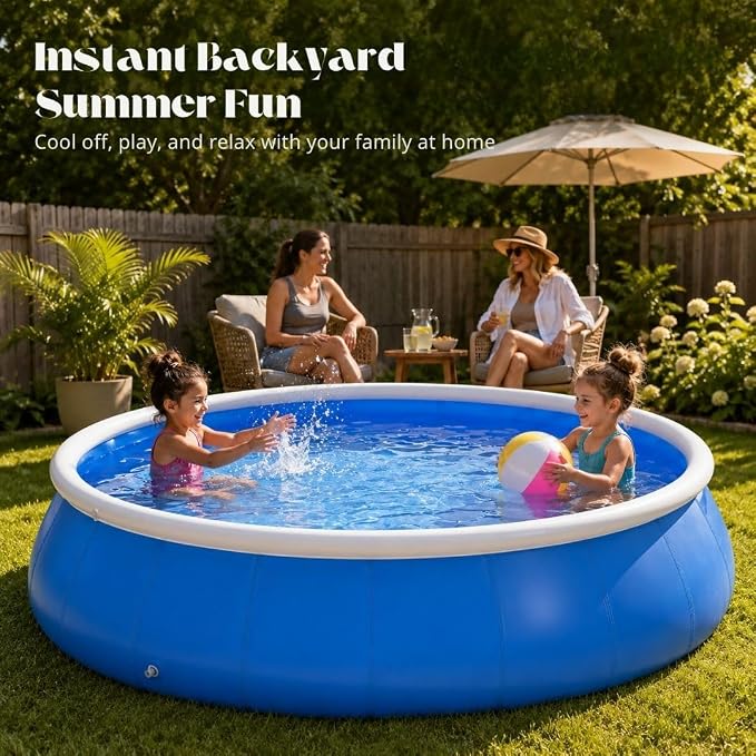 Large Inflatable Pool, 6 ft x 20 in (183 x 51 cm), Blue and White Round 3-Ply Laminated Mesh PVC Backyard Swimming Pool for 2-3 People, Foldable Kiddie Pool for Family Summer Fun