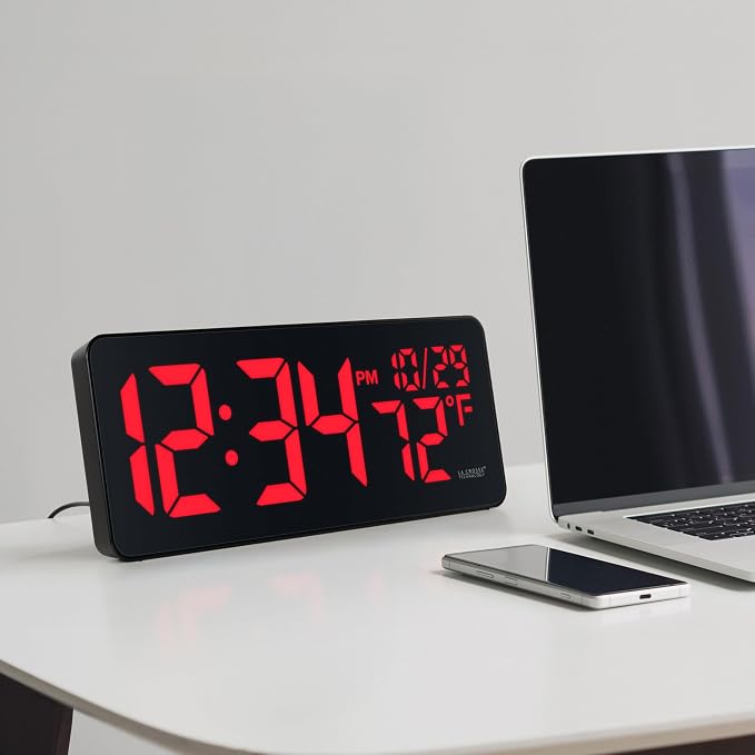 La Crosse Technology 513-1411R Red Digital LED Wall Clock with Indoor Temperature