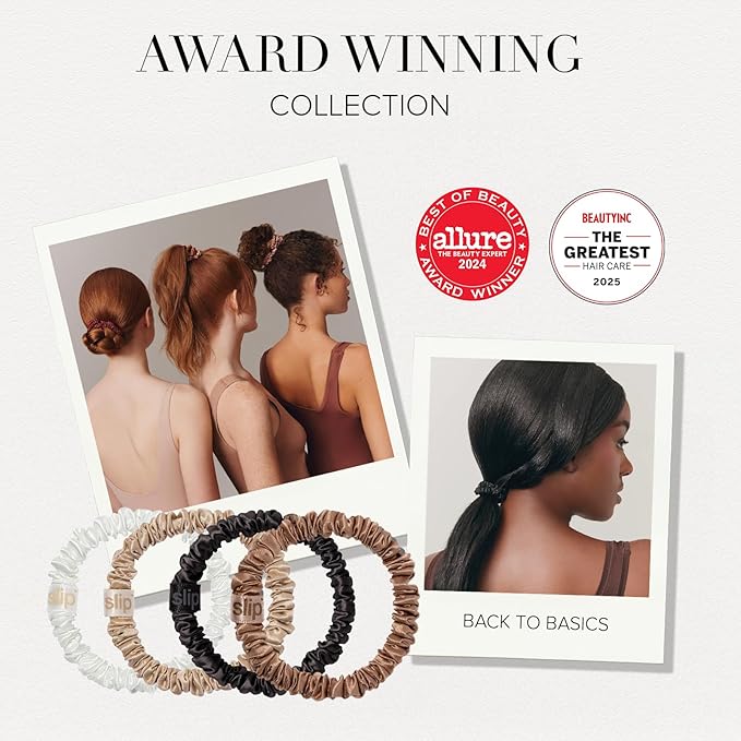 Slip Silk Hair Ties — Skinny Silk Copper Scrunchies, No Damage, No Crease, Anti-Breakage |100% Mulberry Silk | All Hair Types | Made with Proprietary Slipsilk™ | Set of 4