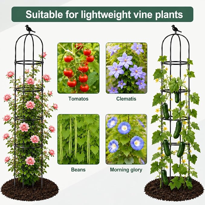 Garden Obelisk Trellis for Climbing Plants Outdoor, 6 ft Tall Trellis for Roses Clematis Jasmine Ivy Flower Light Climbing Vines Potted Plant Support, Patio, Yard, Black, 2PCS