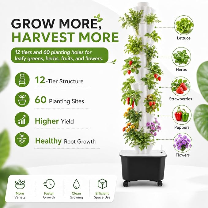 12-Tier 60-Hole Indoor Hydroponic Grow Tower, Vertical Garden System with 6.6Gal Tank & Water Pump, Self-Watering for Herbs, Lettuce, Strawberries, Space Saving Indoor Gardening for Home, Apartment