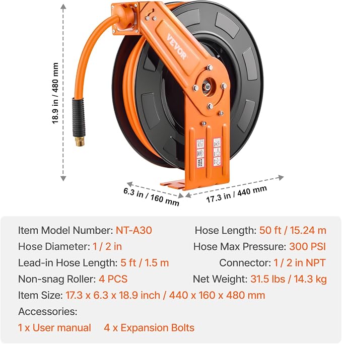 VEVOR Retractable Air Hose Reel, 1/2 IN x 50 FT Hybrid Air Hose Max 300PSI, Air Compressor Hose Reel Auto-Rewind with 5FT Lead in, Ceiling/Wall Mount Heavy Duty Single Arm Steel Reel, 1/2" NPT Fitting