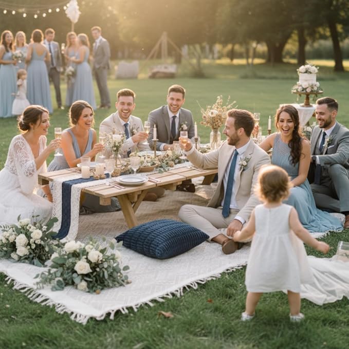 Beeveer Extra Large Outdoor Boho Picnic Blanket 91'' x 71'' Blue Table Runner 6 Throw Pillow Cover Woven Cotton Yarn Oversize Beach Blanket Washable for Picnic Camp Wedding