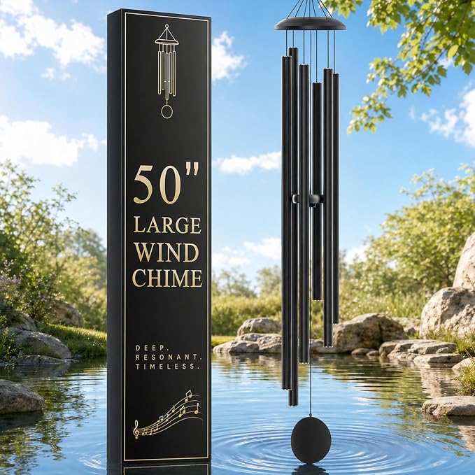 50" Extra Large Wind Chimes for Outside Deep Tone, 6 Extra-Thick Aluminum Tubes for Lasting Resonance, Big Outdoor Wind Chime for Garden Patio Decor, Relaxing Gift for Mom Dad Men Neighbors, Black