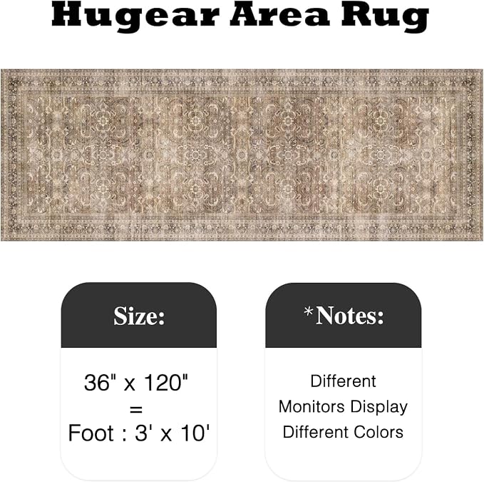 3x10 Brown Vintage Distressed Washable Runner Rug for Hallway | Low Pile, Non Slip, Retro Style, Soft Distressed Long Hallway Runner for Kitchen, Entryway, Laundry, Bedroom, Home Decor