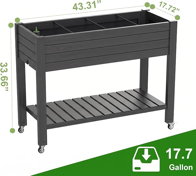 Elevated Resin Raised Garden Bed, 33.7in Height Raised Planter Box with Drainage Holes, Lockable Rotating Wheels & Bottom Storage Shelf, Stake Support, Easy Assembly for Patio Lawn Backyard Balcony
