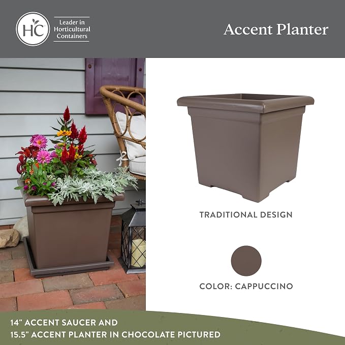 The HC Companies 12.5 Inch Accent Square Plant Pots with Drainage, Lightweight UV-Resistant Plastic Planters for Indoor & Outdoor Plants, 2-Pack Flower Pots for Garden, Office & Home Decor, Cappuccino