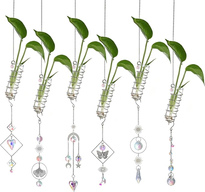 6Pcs Wall Hanging Glass Propagation Station with Crystal Planter Suncatcher | Hanging Propagation Vases for Wall Indoor Plants Hydroponics Mini Test Tube Flower Vase with Metal Chain for Home Decor