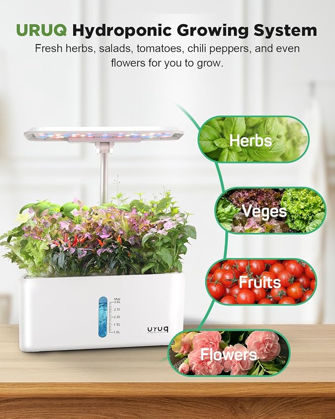URUQ 8 Pods Hydroponics Growing System with LED Grow Light - White | Quiet Water Pump, Automatic Timer, Adjustable Height for Fresh Herbs, Vegetables, Indoor Gardening, Gifts for Plant Lovers