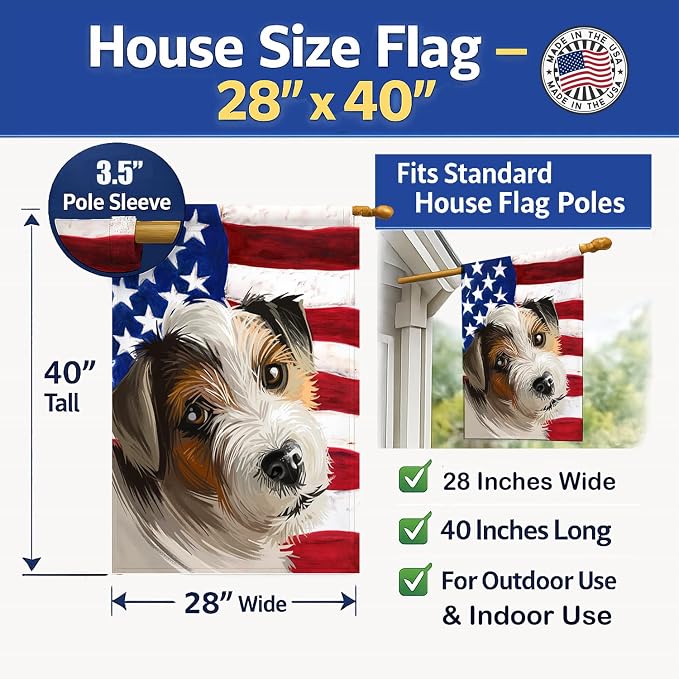 Caroline's Treasures CK6637CHF Parson Russell Terrier American Flag House Flag Large Porch Sleeve Pole Decorative Outside Yard Banner Artwork Wall Hanging, Polyester, House Size, Multicolor