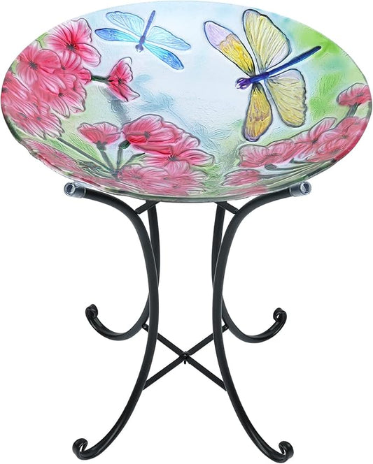 MUMTOP Bird Bath-Bird Baths for Outdoors - Dragonfly Large Bird Bath Bowl with Metal Stand, Glass BirdBaths for Garden Lawn Yard Decor