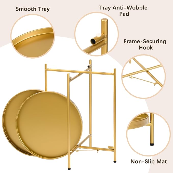 2-Tier Round End Side Table, Set of 2, Small Metal Side Table with Removable Tray, Folding Accent Tables for Living Room, Balcony, Nightstand for Bedroom, Outdoor Tables for Patio, Gold